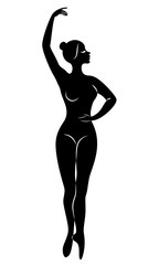 The silhouette of a cute lady, she is a dancing ballet circling fouette. The woman has a beautiful slim figure. Woman ballerina. Vector illustration.