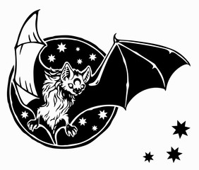 the bat soars against the background of the stars