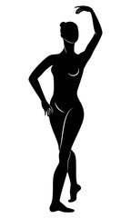 Obraz na płótnie Canvas The silhouette of a cute lady, she is a dancing ballet circling fouette. The woman has a beautiful slim figure. Woman ballerina. Vector illustration.