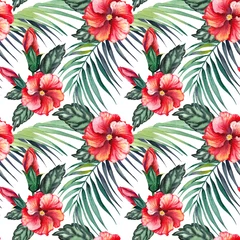 Foto op Plexiglas Seamless pattern with red hibiscus flowers and palm leaves. Watercolor on white background. © JeannaDraw