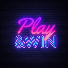 Play Win neon text vector design template. Gaming neon logo, light banner design element colorful modern design trend, night bright advertising, bright sign. Vector illustration