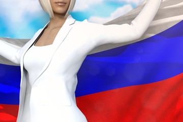 Fototapeta na wymiar cute business lady holds Russia flag in hands behind her back on the blue sky background - flag concept 3d illustration