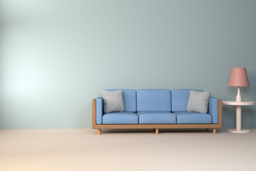 Interior of the living room. soft sofa and pillow near lamp soft color wall 3D rendering - Illustration