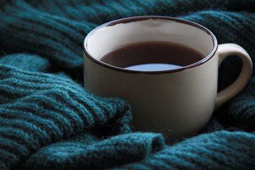 Obraz na płótnie Canvas cup of warm tea and knitted warm sweater