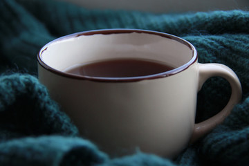 cup of warm tea and knitted warm sweater