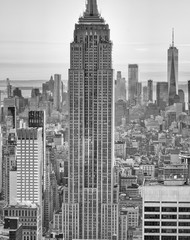 Manhattan skyline at dusk, aerial view of New York buildings