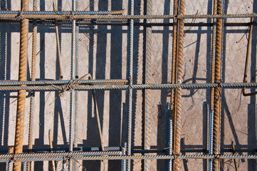 Old rebar. Laid reinforcement. Preparation for pouring concrete. Close-up. 