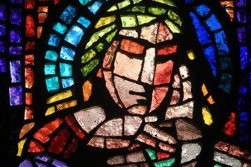 Vitrail de Paul Bony et d'Alexandre Cingria (1879-1945). Eglise Notre-Dame des Alpes. / Stained glass by Alexandre Cingria. Notre-Dame des Alpes church.