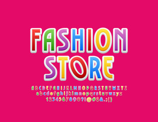 Vector bright logotype Fashion Store with Trendy Font. Set of stylish colorful Alphabet Letters, Numbers and Symbols