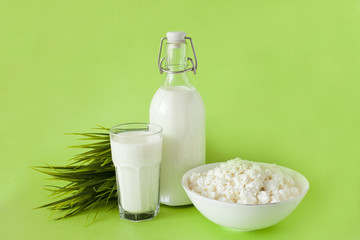 milk in a bottle cottage cheese and a glass of milk on a green background with grass