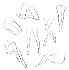 Collection. Picture with silhouettes of slender beautiful female feet. Different postures of legs when a girl is standing, sitting, dezhit. Vector illustration set.