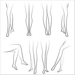 Collection. Picture with silhouettes of slender beautiful female feet. Different postures of legs when a girl is standing, sitting, dezhit. Vector illustration set.