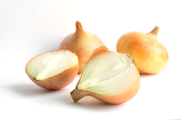 Closeup half onion slice. Picture taken on a white table. macro photo