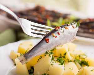 spiced sprat on fork