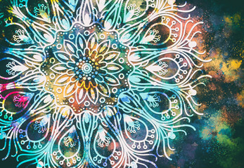 Abstract mandala graphic design and watercolor digital art painting for ancient geometric concept background