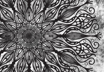 Abstract mandala graphic design and watercolor digital art painting for ancient geometric concept background