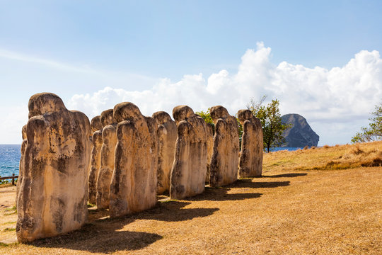 Martinique, White statues on a sea side at Matinik.