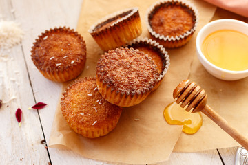 Cupcakes with honey. Homemade. Bakery. Coconut.