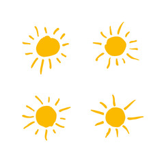 Hand Drawn Solar Symbols Line Art. Four painted suns. Vector set of solar symbols.