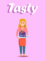 Housewife with Cake Cartoon Vector Poster Template