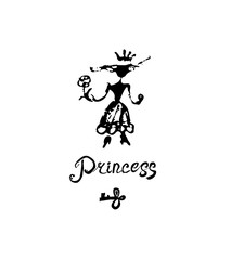 Princess. Original vector logo. Hand drawn inscription and stylized portrait of a blot figure princess in dress with flower for an unusual design.