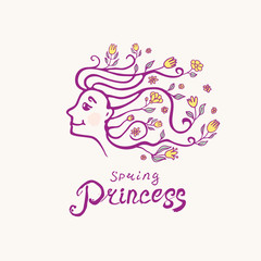 Princess. Original vector logo. Profile of the face of young beauty with floral hair.