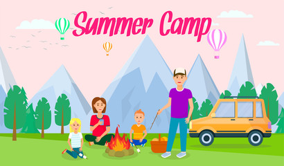 Obraz na płótnie Canvas Summer Camp Horizontal Flat Banner with Lettering