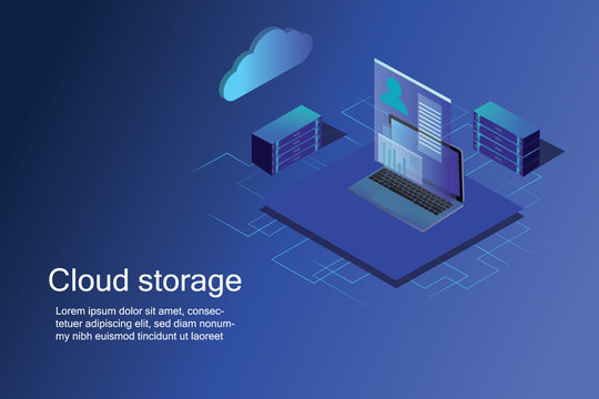 Computer technology, network and database, internet center. isometric cloud storage concept, network vector