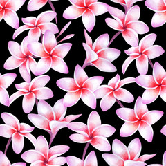 Fototapeta premium Tropical pink plumeria flowers on dark background. Watercolor seamless pattern of hawaiian plants.