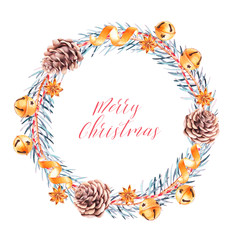 Watercolor isolated christmas wreath with pine branches, cones, jingle bells and orange peels. Holiday hand drawn decoration.