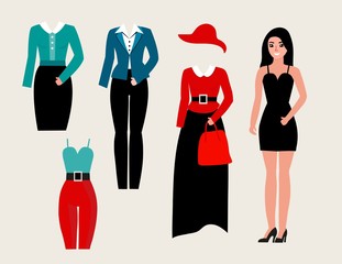 Women Clothes Icons Flat Set With Dress and Accessories