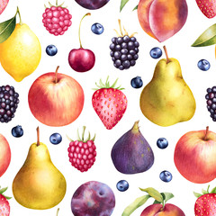 Apples, pears, lemons, berries and peach hand drawn seamless pattern. Colorful watercolor fruit background.