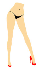 Silhouette figure of a lady in a bikini. Slender legs of a young girl in red shoes. The woman is coming. Feet well-groomed, beautiful silky skin. Vector illustration