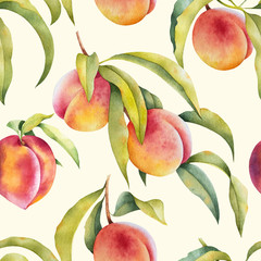 Branch of peach tree with leaves on white background. Watercolor seamless pattern with fruit.