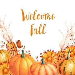 Fall harvest festival banner with pumpkin, corns and chrysanthemum. Seasonal watercolor illustration.