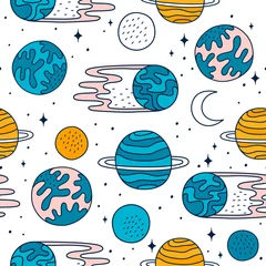 Stof per meter naadloos patroon met planeten en sterren © @nekoshki