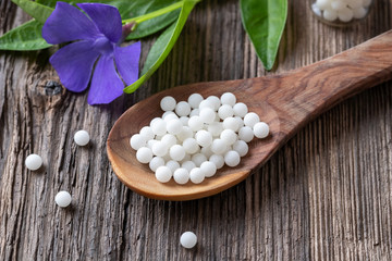Vinca minor homeopathic remedy on a spoon