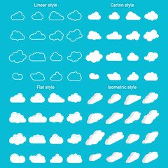 Set of Cloud Icons in trendy in 4 styles. Clouds in flat and carton and isometric, linear style. Cloud on isolated background. Vector
