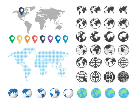 Set of globe and world map. Big set. Vector