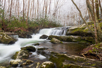 Winter scenery of cascading waterfall in Great Smoky Mountains National Park