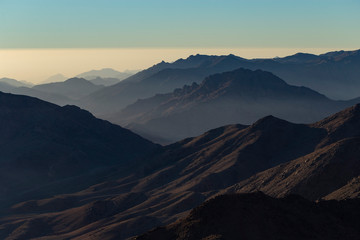 Egypt. Mount Sinai in the morning at sunrise. (Mount Horeb, Gabal Musa, Moses Mount). Pilgrimage place and famous touristic destination.