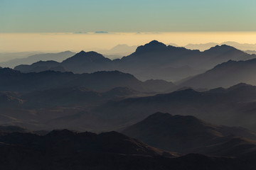 Egypt. Mount Sinai in the morning at sunrise. (Mount Horeb, Gabal Musa, Moses Mount). Pilgrimage place and famous touristic destination.