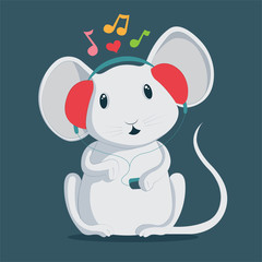 Mouse. Cute mouse cartoon character. Mouse with headphones and music notes. Listen to music metaphor illustration. Part of set.