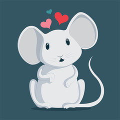 Mouse. Cute mouse cartoon character. Mouse with hearts. Love metaphor illustration. Part of set.
