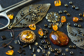 Tools,  beads amber, accessories for making jewelry. Needlework.
