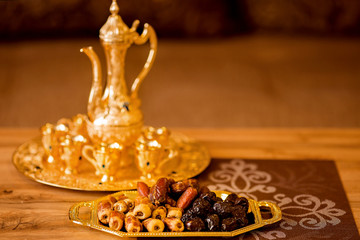 Ramadan kareem with premium dates and arabic coffee