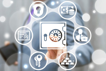 Man uses on a virtual screen of the future and touches the icon: safe box. Safe Box Money Savings concept. Safety Finance Investment Banking. Deposit.