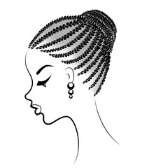 Profile of the head of a sweet lady. An African American girl shows her hairstyle on medium and short hair. Silhouette, beautiful and stylish woman. Vector illustration