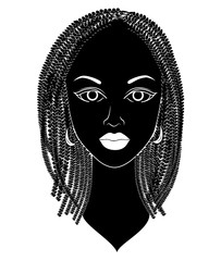 Profile of the head of a sweet lady. An African American girl shows her hairstyle on medium and short hair. Silhouette, beautiful and stylish woman. Vector illustration