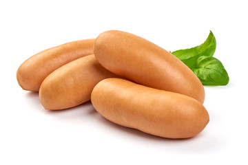 Tasty boiled sausages with basil, close-up, isolated on white background